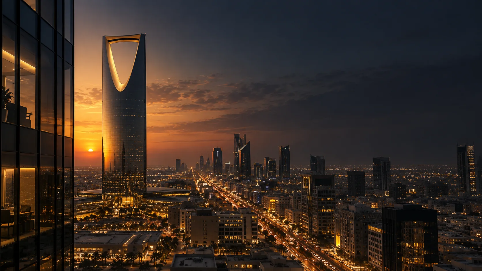 Illustrative architectural view of Riyadh at sunset